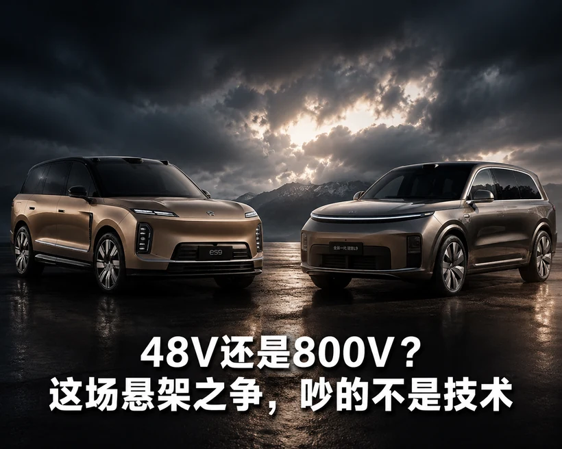 图片展示了两款汽车，左侧为金色车身，右侧为银色车身，均带有“ES8”标识。背景是云层密布的天空和远处的山脉。图片下方文字为“48V还是800V？这场悬架之争，吵的不是技术”